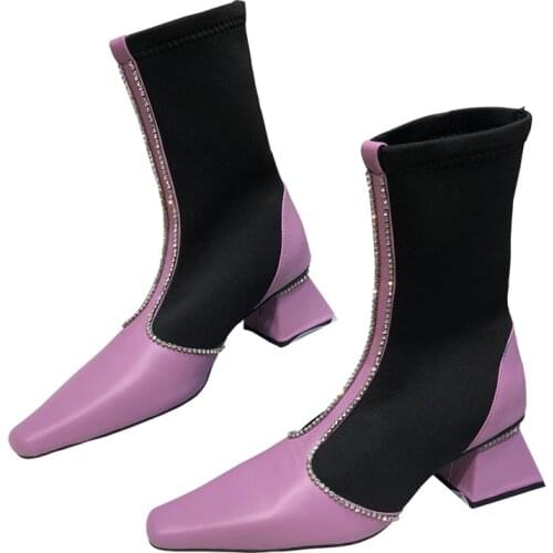 Stylish Crystal Stretch Fabric Sock Boots Lavender Square Toe Slip On Ankle Booties Patchwork Chunky Medium Heels 5 CM Shoes