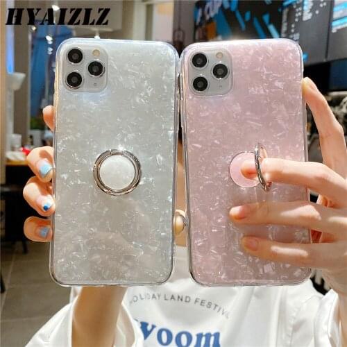 Shell Pattern Marble Case for iPhone 12 mini 11 Pro Max SE 2020 XR XS 8 7 6S Plus Glitter Dream Soft IMD Ring Stand Phone Cover