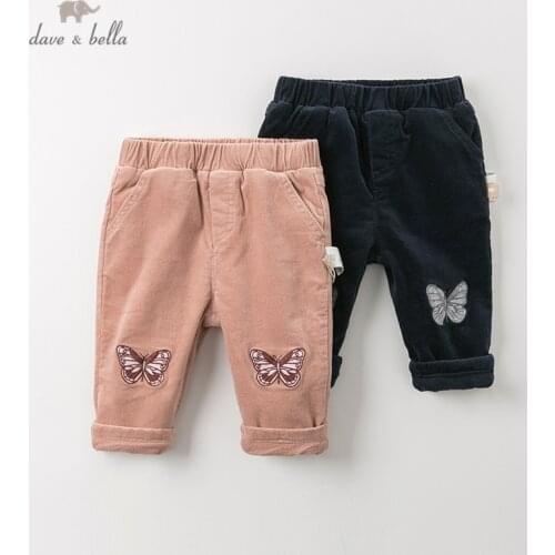 DBJ11915-2 dave bella winter baby girls fashion pockets butterfly pants children full length kids pants infant toddler trousers