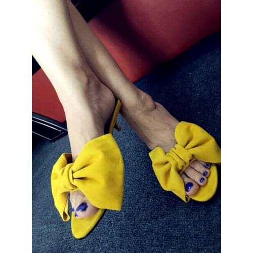Girls Colorful Yellow Black White Dots Big Bow Ties Slippers Sandals Woman 4 CM Med Heels Butterfly Knots Slip On Slides Shoes