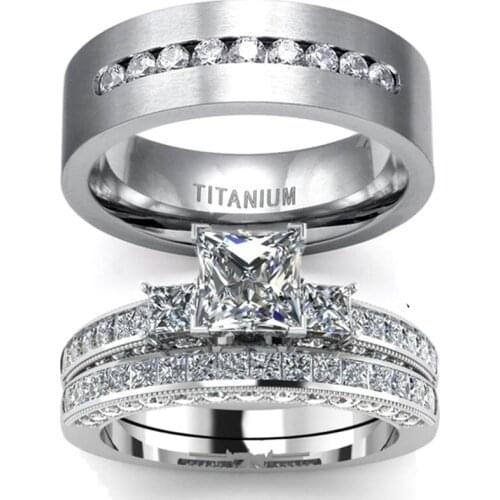 Couple Rings Set Jewelry Mens 8mm Stainless Steel Titanium Ring And Womens Three Stone Princess Bridal Wedding Engagement Ring