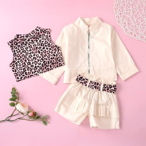 Little Girls Outfits 3-Piece Fashion Casual Leopard Vest + Ruffle Shorts + Belt Suit Wild Long Sleeve Zipper Coat