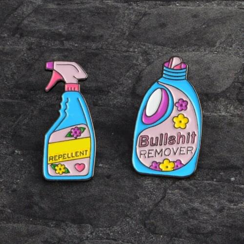 Cartoon detergent pin repellent water spray chic metal pin cleaning spray badge enamel pin family gift
