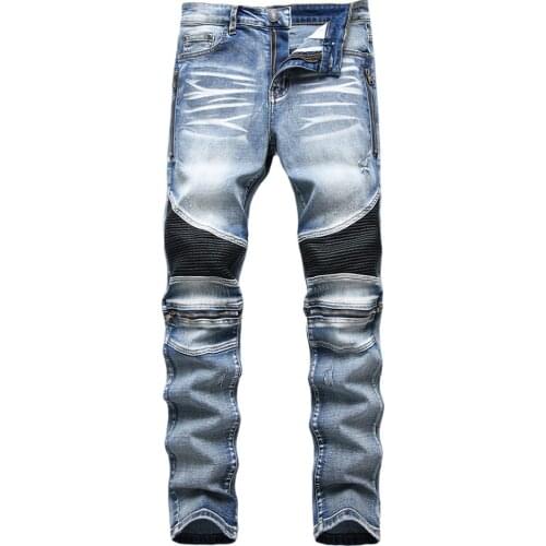 Mens Leather Patchwork Biker Jeans Streetwear Zippers Pleated Stretch Denim Pants Ripped Trousers