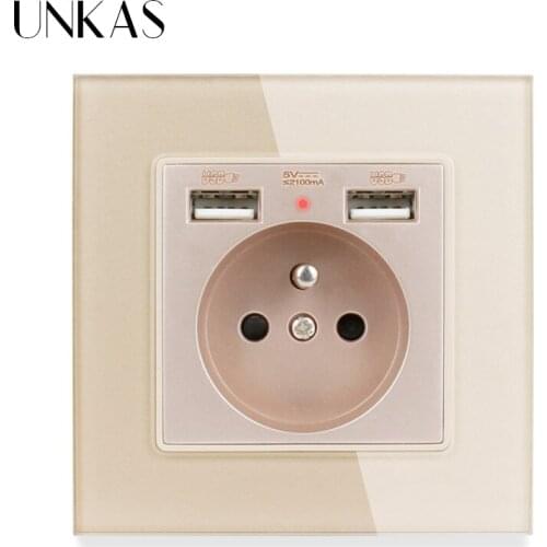 UNKAS 2019 New 16A French Standard Wall Power Socket White Crystal Glass Panel Outlet 2.1A Dual USB Charger Port for Mobile