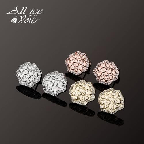 New Iced Out 14mm Luxury Flower Round Earrings Full Iced Cubic Zirconia High Quality Hip Hop Fashion Jewelry For Womens Gift