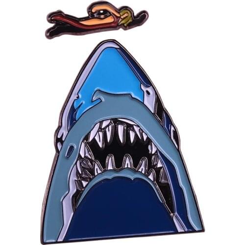 Swimming over shark mouth brooch set thrills horror art pin summer swim sports jewelry