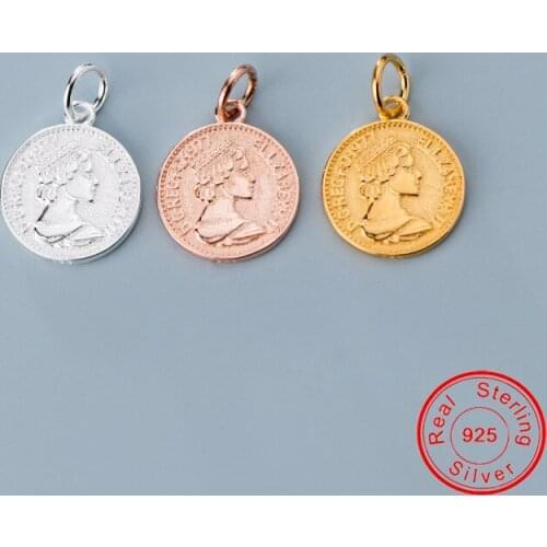 UQBing Solid Real 925 Sterling Silver Round Queen Coin Dangle Charms Fit For Necklaces Pendant DIY Jewelry Making