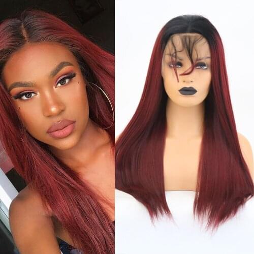 QUINLUX WIGS Ombre Burgundy Long Straight Wig Synthetic Lace Front Wigs For Black Women Silky Hair High Temperature Heat Fiber