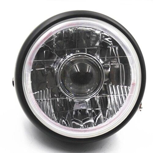Universal Black Headlight Lamp Hi/Lo Beam Amber/Blue Angel Eye Projector Motorcycle Cruiser Chopper Cafe Racer Old School Bobber