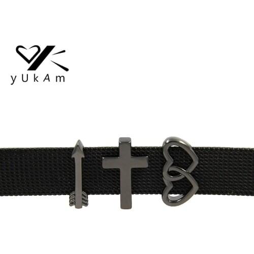 YUKAM Jewelry Gun Black Double Hearts Pave Arrow Cross Slide Charms Keeper for Stainless Steel Mesh Bracelets Accessories Making
