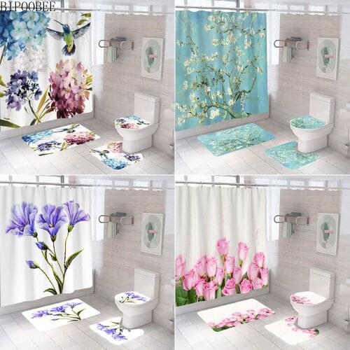 Beautiful Bird Flowers Printed Bathroom Curtains Set Rose Fabric Shower Curtain Pedestal Non-Slip Rug Toilet Lid Cover Bath Mat