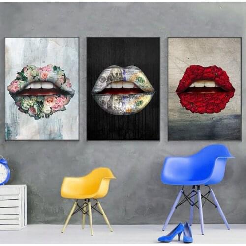 Womans Sexy Lips Canvas Painting Wall Art Rose and Money Posters and Prints Modern Wall Pictures for Living Room Cuadros Decor