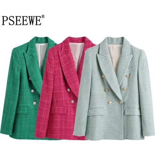 Za 2021 Green Tweed Blazer Women Vintage Checked Jacket Female Elegant Button Jacket Woman Autumn Long Sleeve Plaid Blazer