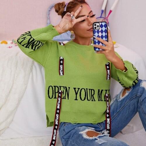 BoozRey Sweaters for Women Long Sleeve Top 2021 New Design Letter Webbing Jacquard Pullover Round Neck Ripped Knit Sweater