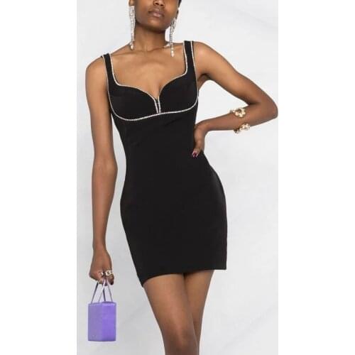 2021 Women Sexy Balck Mini Dress Sleeveless Strap V-Neck Diamonds Bodycon Dresses Backless Party Wedding Celebrity Club Wear