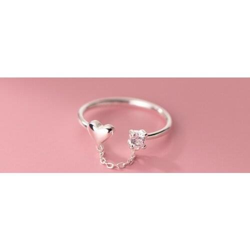Genuine 925 Sterling Silver Love Heart Chain Open Ring Single Zircon Adjustable Rings Fine Jewelry for Women