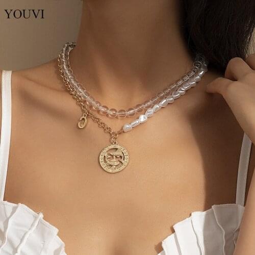 YOUVI Fashion Simple Plastic Bead Choker Boho Asymmetry Imitation Pearl Coin Pisces Pendant Necklace Neck Chain Women Bijoux