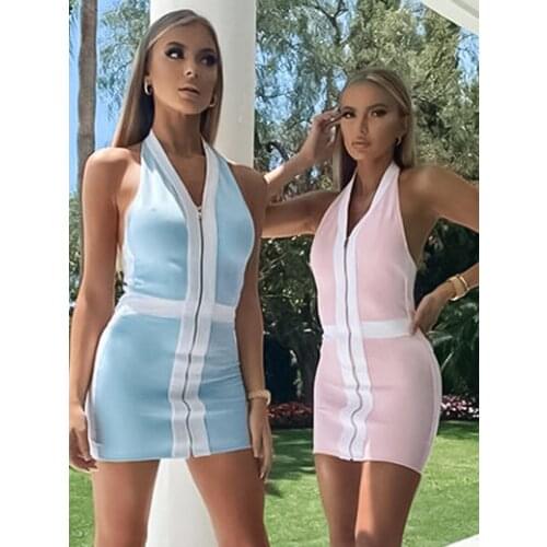 Adyce 2021 New Summer Halter Sleeveless V Neck Patchwork Club Bandage Dress Sexy Backless Celebrity Runway Party Bodycon Dresses