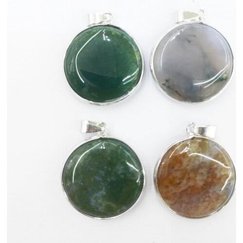 1pc Natural Aquatic agates Stone Charms Women Jewelry Making Round Metal Edging Pendant Chain for DIY Necklace Accessories Wicca