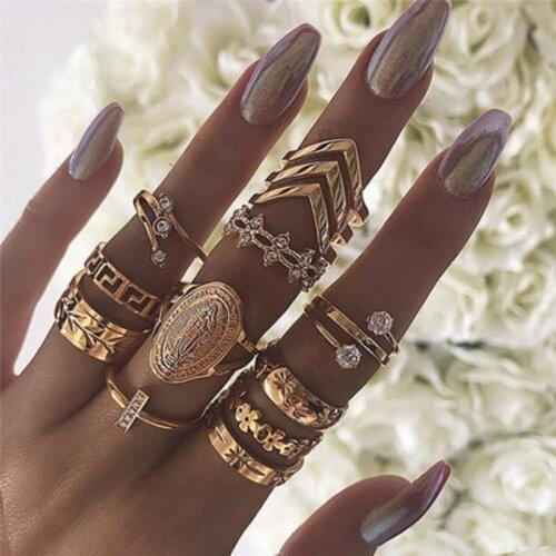 13 Pcs/set Women Fashion Virgin Mary Geometric Flowers Leaf Gold Finger Rings Boho Charm Jewelry Accessories Mothers Day Gift