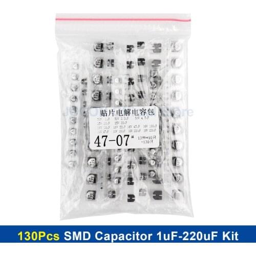 130Pcs/lot 1uF-220uF SMD Aluminum Electrolytic Capacitor Assorted Kit Set 13Values Samples Kit 1UF 2.2UF 4.7UF 10UF 22UF 47UF 10