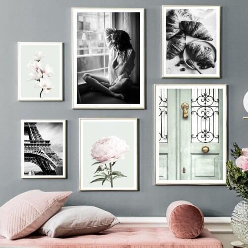 Tower Paris Sexy Woman Flowers Magnolia Wall Art Canvas Painting Nordic Posters And Prints Wall Pictures For Living Room Decor