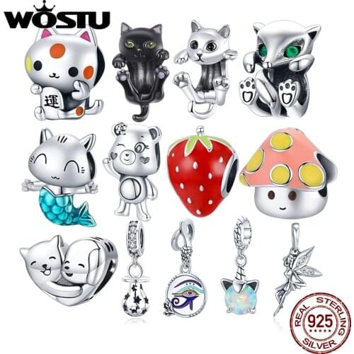 WOSTU Authentic 925 Sterling Silver Lucky Cat Pig Beads Charms Pendant Fit Bracelets Women Party Fashion DIY Jewelry Gift Making