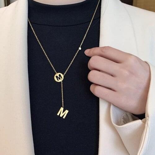 316L Stainless Steel Elegant Hollow Out Double M Charms Chain Choker Pendant Necklace For Women Fashion Fine Jewelry Gift SAN437