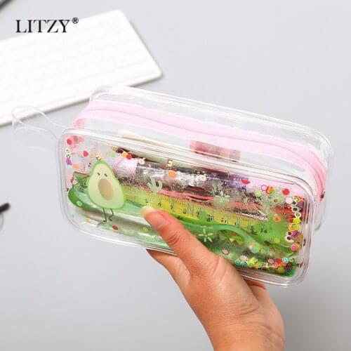 Kawaii Quicksand Avocado Pencil Case Large Capacity Pencil Bag Transparent Pencilcases for Girl Pen Box School Supply Stationery