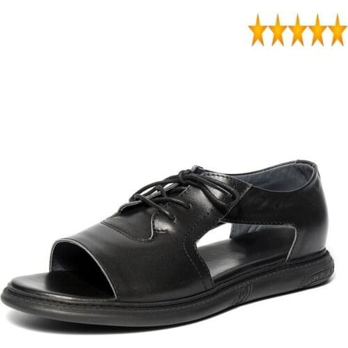 Breathable Men 2021 Summer Casual Beach Shoes 100% Genuine Leather Rome Street Lace Up White Platform Sandals