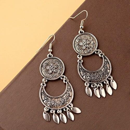 Ethnic Silver Color Jhumka Indian Drop Earring For Women 2020 Vintage Boho Gypsy Flower Carved Tassel Earrings Tibetan Jewelry