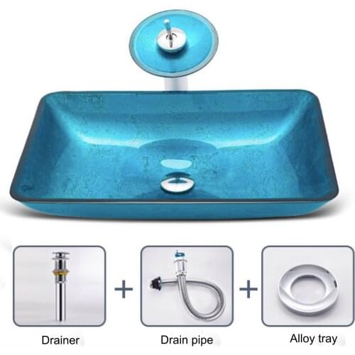 Cyan tempered glass art basin hotel above sink basin household washbasin copper facuet L570*W370*H110mm