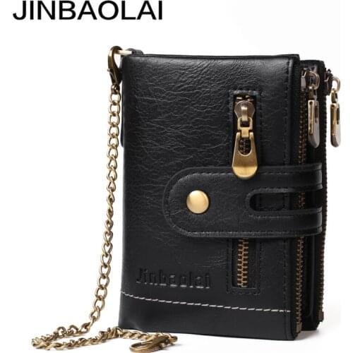 JINBAOLAI New Mens Wallet Chain Retro Zipper Coin Purse ID Credit Card Holder Leather Short Wallet Portefeuille Homme Wallet Men