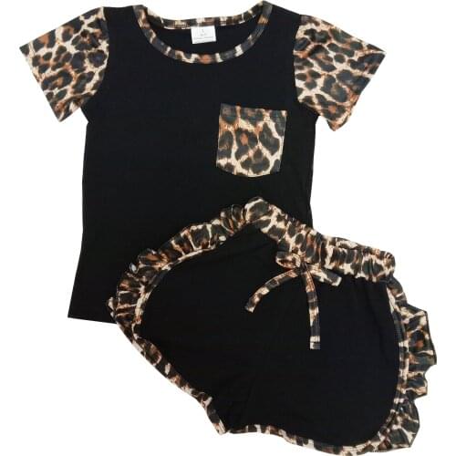 Summer Baby Girl Two Pieces Set Black Cotton Shirt Ruffled Shorts Kids Boutique Clothing