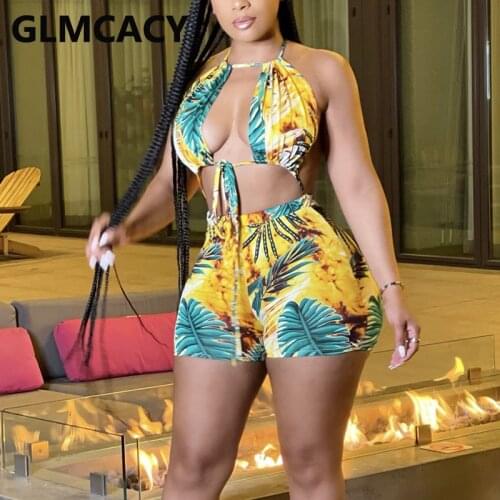 Summer Tropical Printed Halter Backless Playsuit Sexy Beach Rompers
