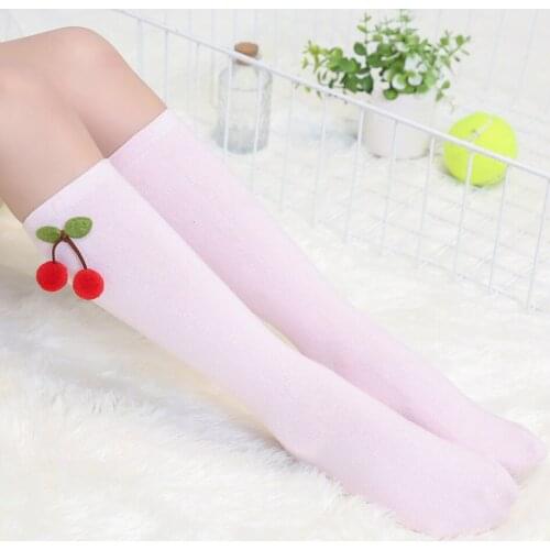 Cute Cherry Fruit 3-12 years Solid Color Cotton Over Knee Long Socks For Girl