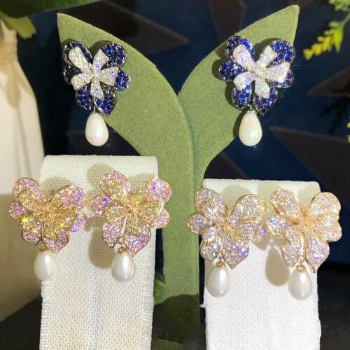 Blachette Fashion Luxury High Quality Flower Pearl Pendant Earrings CZ Zircon Bridal Wedding Banquet Anniversary Daily Jewelry