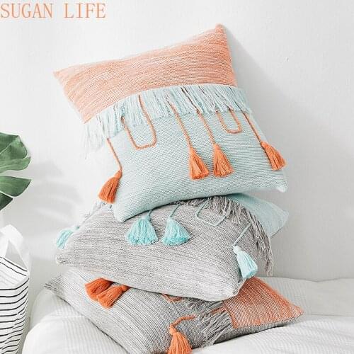 Cable Knit Cushion Cover Vintage Grey Blue Orange Tassels Pillow Case 45cm*45cm Soft Home Decorative Pillow cover