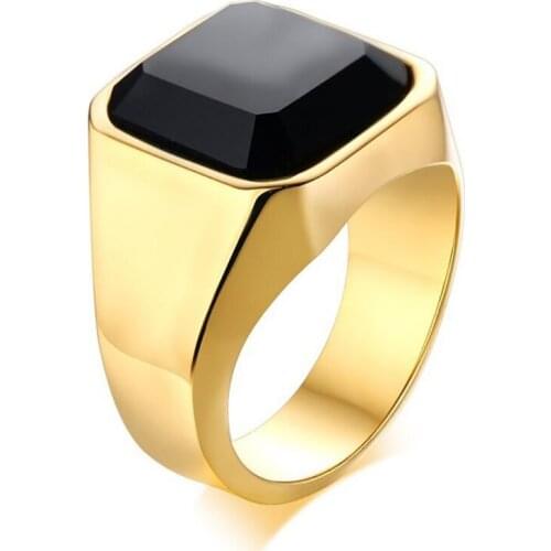 Stainless Steel Men Simple Finger Ring Black Stone Gold Men Rings Jewelry Gift For Him Size 7-12