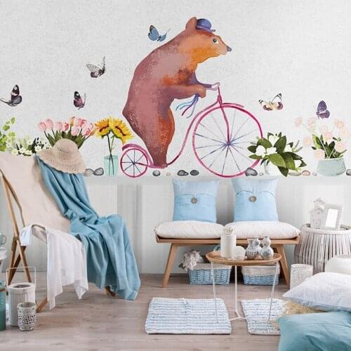 Newest 3d Wall Photo Mural for Kids Room Kindergarten 8d wall Mural Cartoon A little bear riding a bike Wallpaper Mural Decor