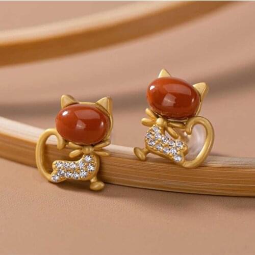 New Arrival S925 Silver Earrings Red Agate Cat Stud Earrings Fashion Earrings