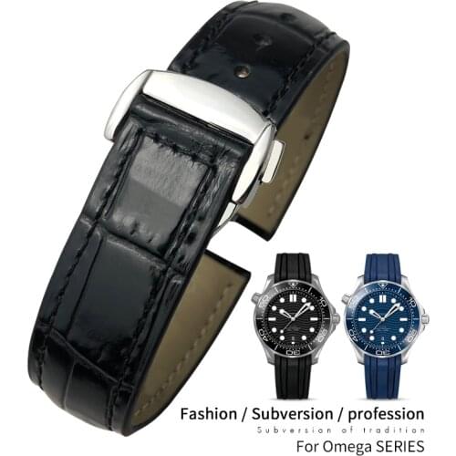 18mm 19/20mm 21/22mm Leather cowhide watch strap for Omega 007 seamster 300 De ville AT150 Commander watchband folding buckle