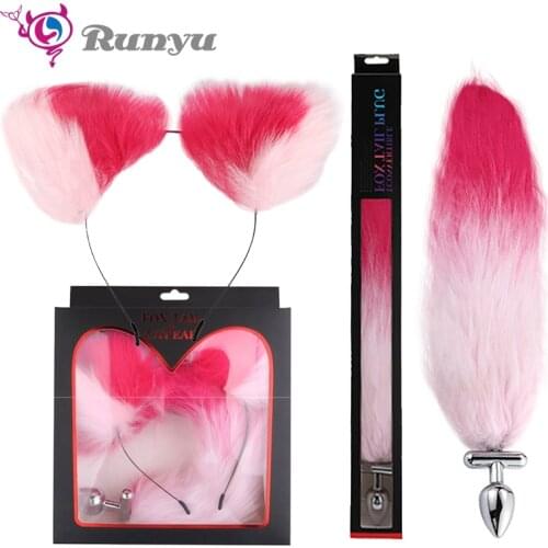 SM Cosplay Adjustable Fox Tail and Cat Ear Aluminium Alloy Butt Plug and Artificial Wool Fox Tail 8 Color for BDSM Cosplay