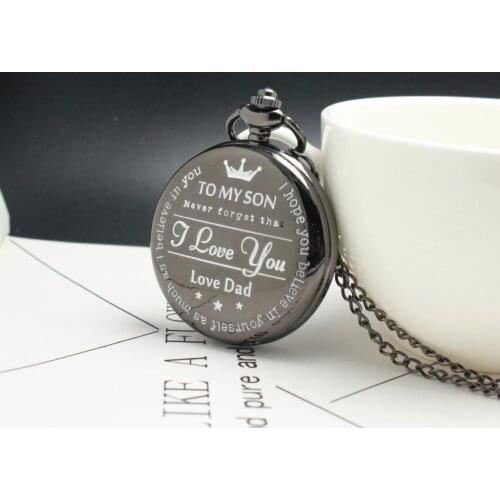 Vintage To My Son Quartz Pocket Watches With I LOVE YOU Black Neckalce Pendant Fob Clock With Chain For Children Son Gifts DAD