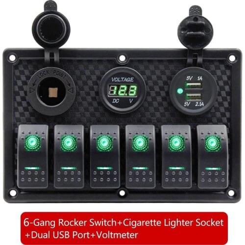 12V-24V 6 Gang LED Waterproof Rocker Switch Panel Dual USB Cigarette Lighter Socket Voltmeter Switch Panel Circuit Breaker