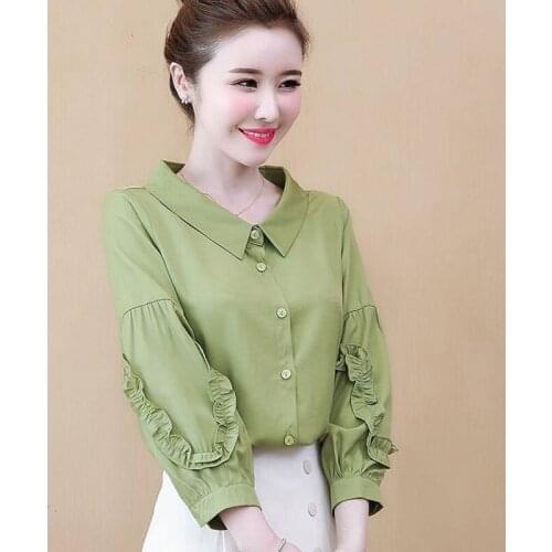 Womens Spring Autumn Style Blouse Shirt Womens Solid Color Peter Pan Collar Puff Sleeve Ruffles Button Casual Tops SP1058