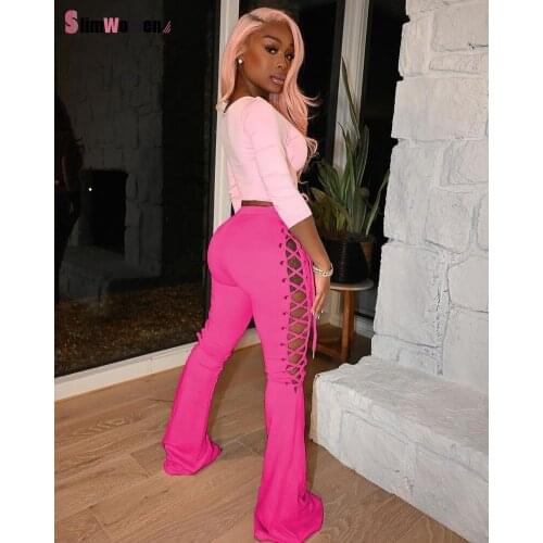 Sexy Side Lace Up Y2k Flare Pants for Women Fashion Clothing Bandage Hollow Bottom Pants High Waist Night Club Capris Trousers