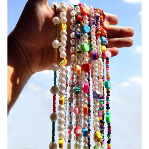 Lovely Smiley Rainbow Pearls Beaded Necklace For Women Colorful Bead Choker Heart Pearl Necklaces Sweet Girls Vacation Jewelry