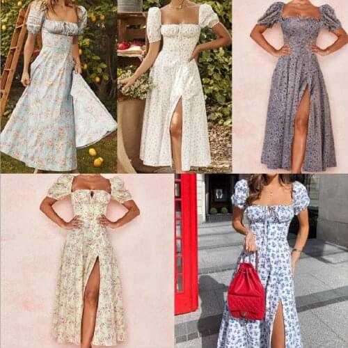 BBK Midi Dress Split Zrt Women Cloth 2021 Square Floral Printed Causal Garden High Waist Long Dress Tr Vacation Party Sweet Girl
